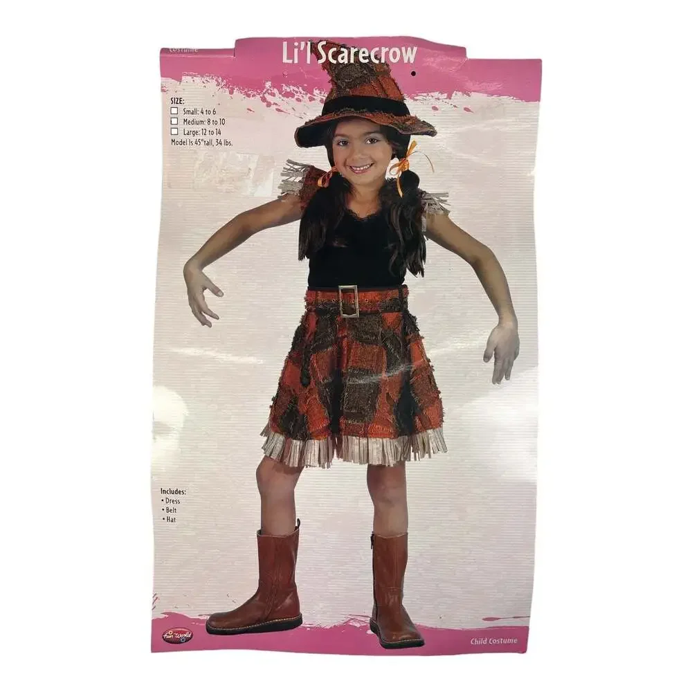 New Li'l Scarecrow Girl's Size 4-6 Halloween Costume Dress Belt Hat Fun World